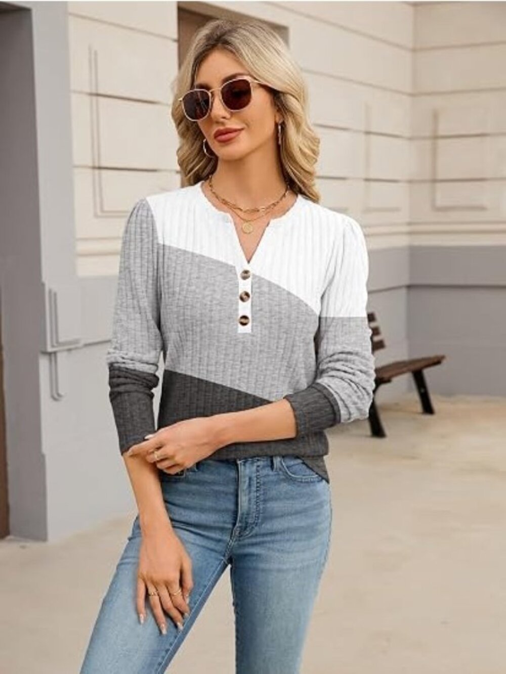 Ueal Size XL Sweater Henley Color Block White Gray V-Neck Button Long Sleeve - Picture 4 of 7